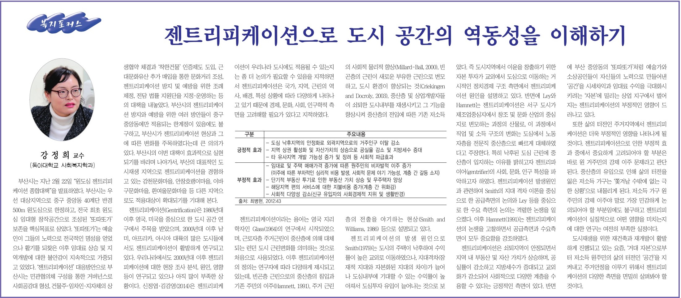 [부산사회복지신문] 젠트리피케이션으로 도시 공간의 역동성을 이해하기 - 강정희 사회복지학과 교수