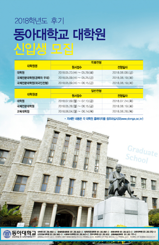 동아대 대학원 2018학년도 후기 신입생 모집