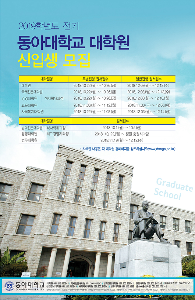 동아대 대학원, 2019학년도 전기 신입생 모집